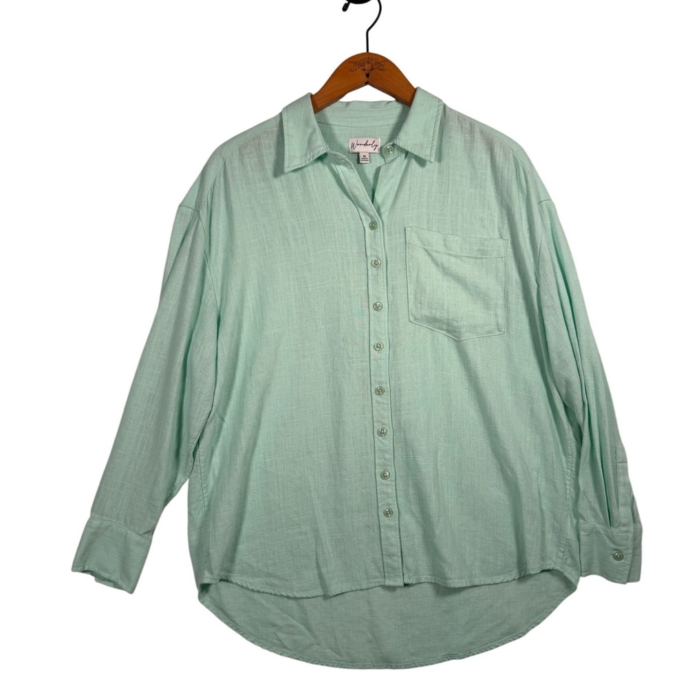 Wonderly Womens M Mint Green Linen Blend Button Down Shirt Relaxed Fit